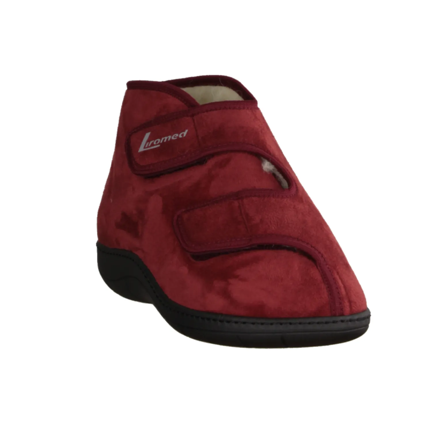 Bordo-farbener Verbandschuh Liromed mit Schurwollfutter, ideal für empfindliche Füße, Schwellungen und kalte Tage. Wärmend, leicht anpassbar durch Klettverschluss, perfekt für Senioren und Pflege. Hersteller: Liromed, Art. 477-3087